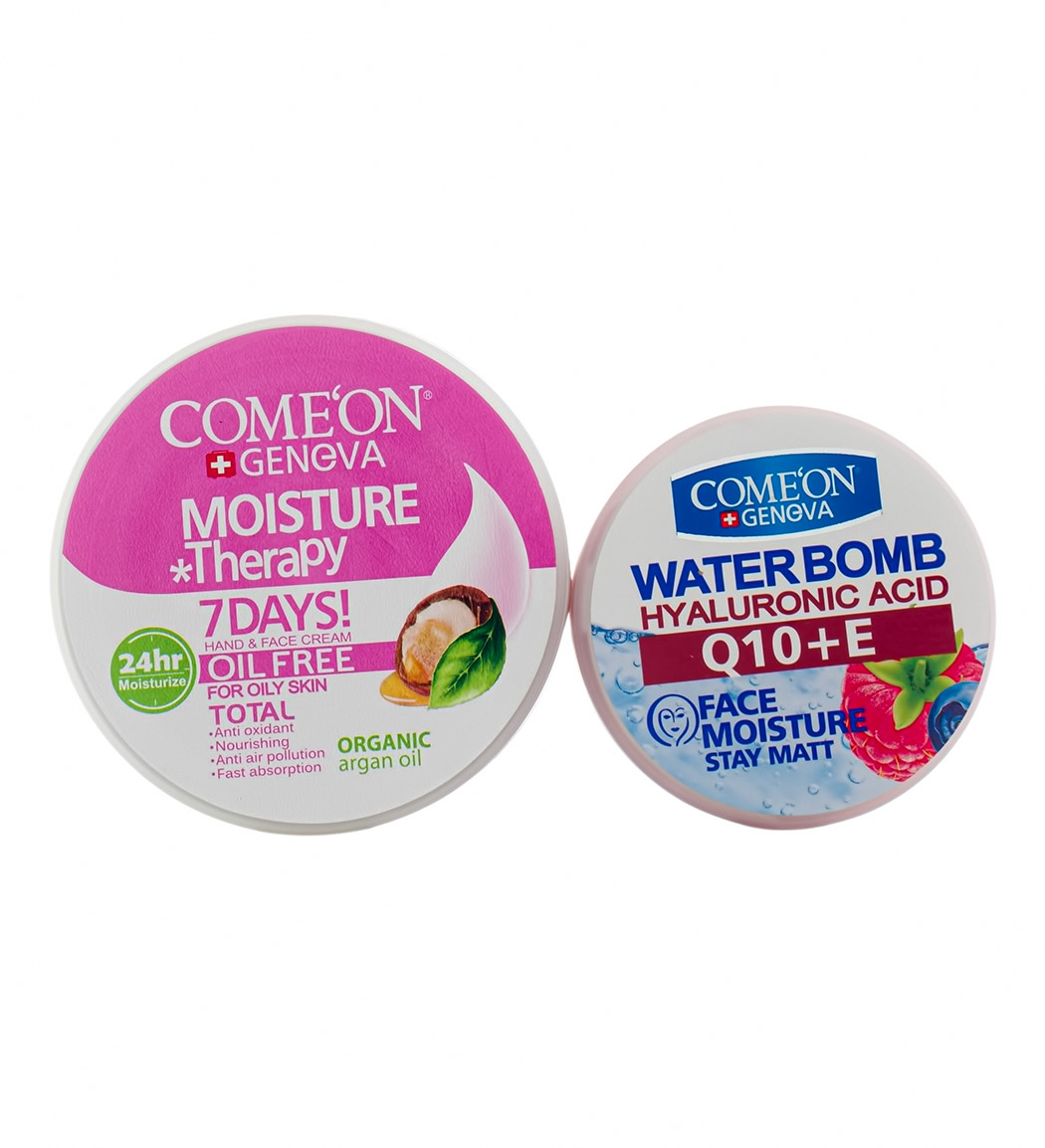 پک کرم مرطوب کننده کاسه ای اویل فری 240میل و کرم صورت کوآنزیم کیوتن 200میل Comeon Argan Moisturizing Cream 250ml And Water Bomb Cream Model Q10E 200ml