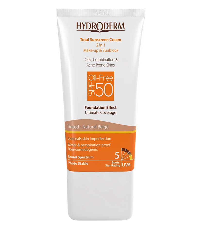 ضد آفتاب کرم پودری 2در1 با spf50 hydroderm spf 50 tinted oil free total suncream 2x1 makeup sunblock