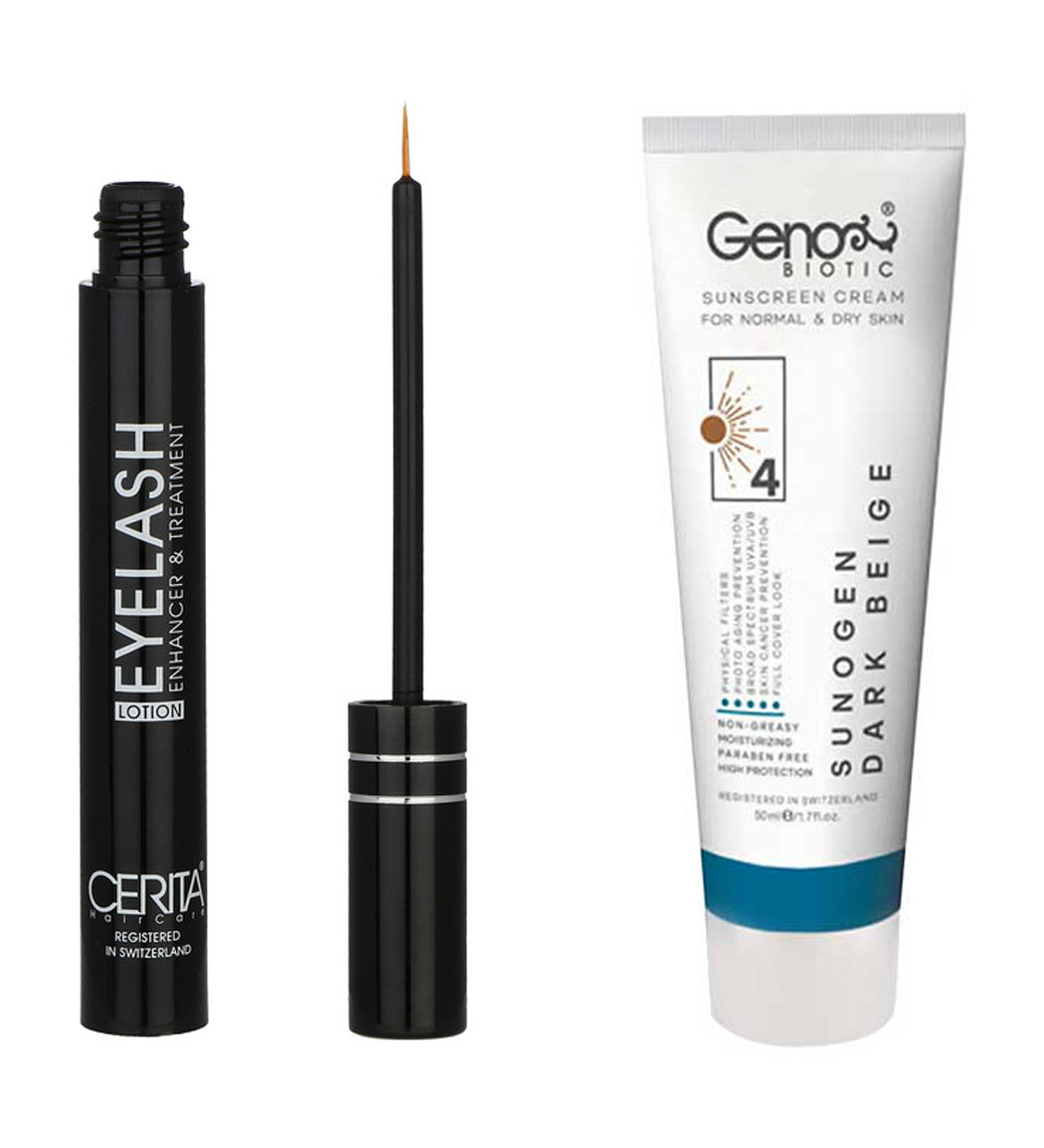 پک محلول تقویت کننده مژه سریتا و ضد آفتاب رنگی مناسب پوست خشک SPF50 رنگ بژ تیره Geno Biotic Dry Skin Tinted Sunscreen Cream DB And Cerita Eyelash Lotion