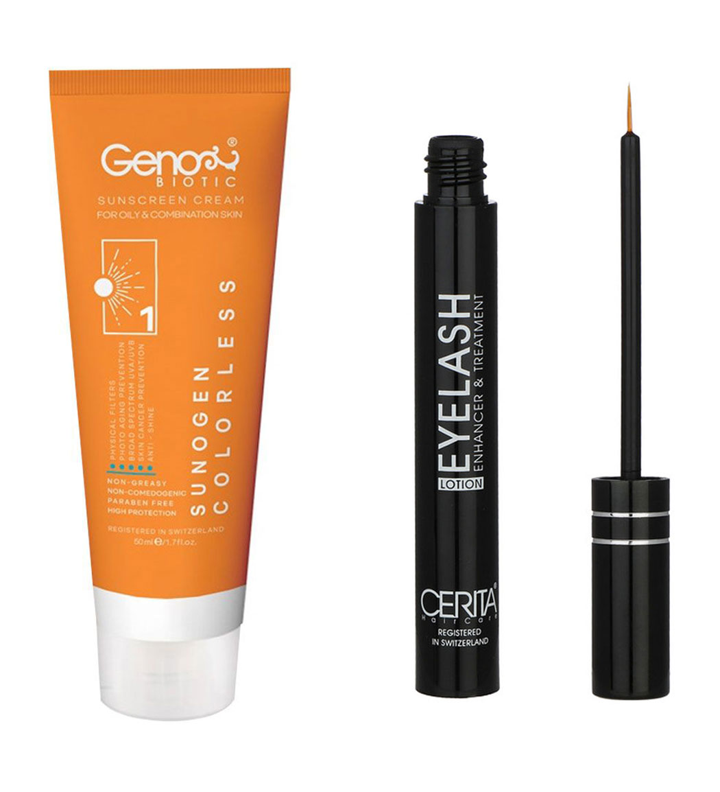 پک محلول تقویت کننده مژه سریتا و ضد آفتاب بی رنگ مناسب پوست چرب و مختلط SPF50 Geno Biotic Oily Skin Sunscreen Cream And Cerita Eyelash Lotion