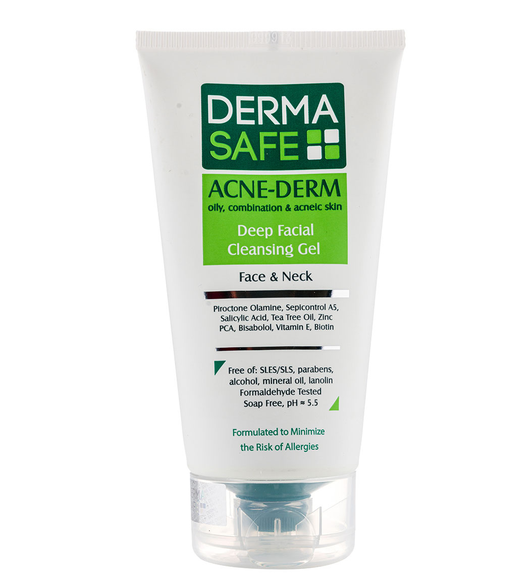 ژل شستشوی صورت و گردن مناسب پوست های چرب مختلط و دارای آکنه 150میل Derma Safe Cleansing Gel 150ml