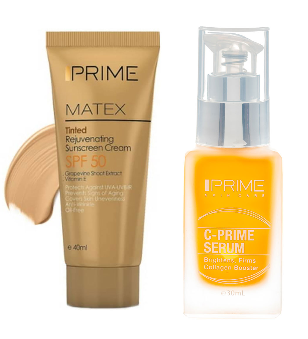 پک کرم ضد آفتاب بژ طبیعی جوان کننده اس پی اف 50 و سرم ویتامین سی Prime Tinted Rejuvenating Sunscreen Cream And Vitamin C Serum